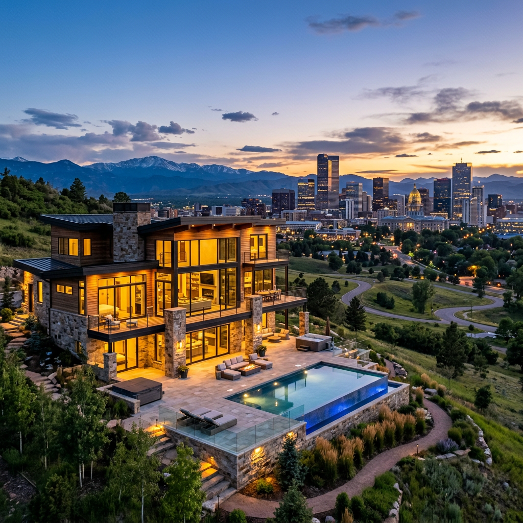Modern luxury house on a hillside overlooking a city skyline and mountains at sunset